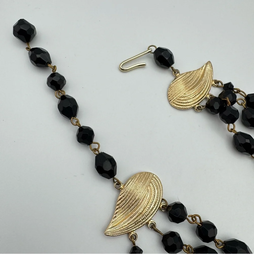 Vintage West Germany Multi-Strand Black Faceted Bead Necklace | Signed